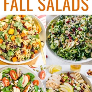 Collage fo 4 Fall salads: harvest quinoa salad, kale brussles salad, apple chicken salad and pear chicken salad.