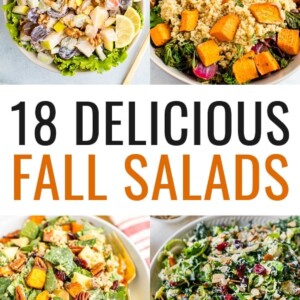 Collage of 8 Fall salads: sweet potato salad, beet salad, waldorf salad, quinoa salad, fall quinoa salad, kale salad, apple chicken salad and pear chicken salad.