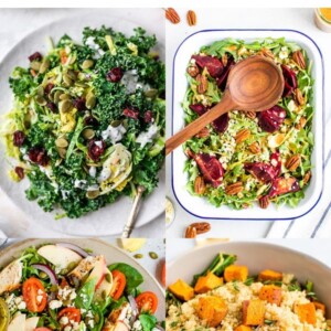 Collage of four fall salads: kale salad, beet salad, apple salad and sweet potato quinoa salad.