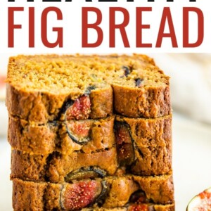 Stack of five slices of fig bread. The bread is studded with fresh figs.