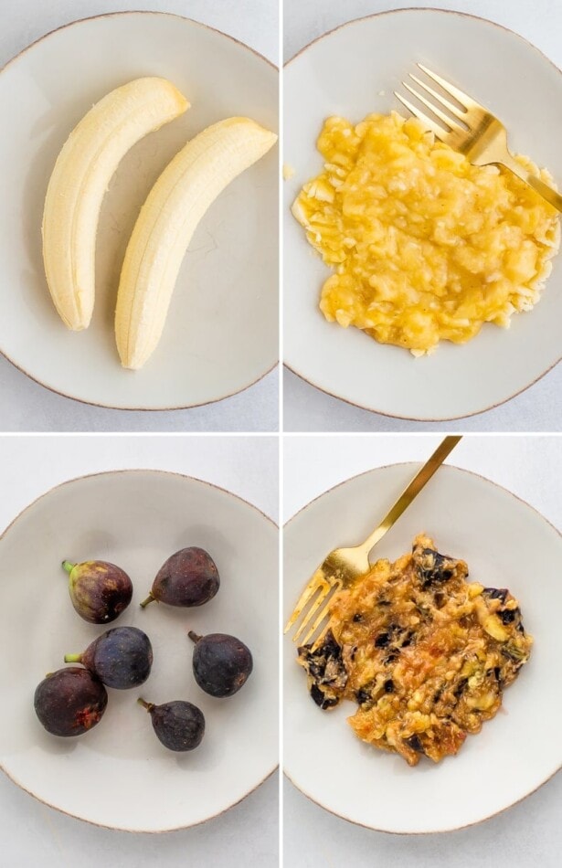 Collage showing bananas and figs before and after being mashed by a fork.