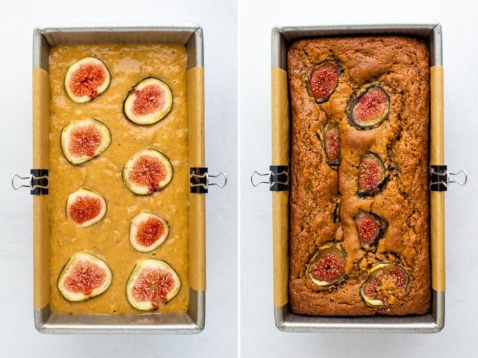 Side by side photos of fig bread before and after being baked.