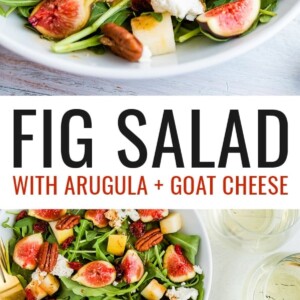 Arugula salad with goat cheese, pecans, dried cranberries and fresh figs. Three plated salads.