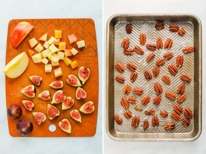 Side by side photo of a cutting board with chopped apples and figs. Second photo is pecans on a cookie sheet to be toasted.