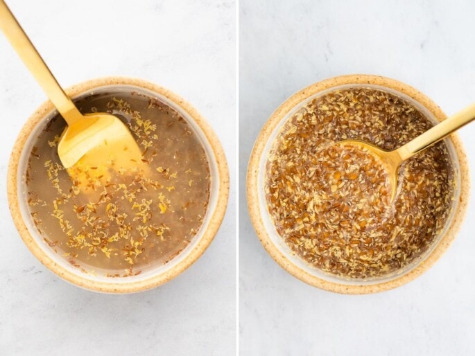 Side by side photo of the before and after process of making a flax egg. The first photo is a fork in a bowl with water and flaxseed. The second is the same bowl with a spoon and the flax egg has congealed.