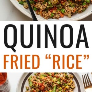 Serving bowl with quinoa fried rice and a serving spoon. Photo below is of two plates with the fried quinoa next to the serving bowl.