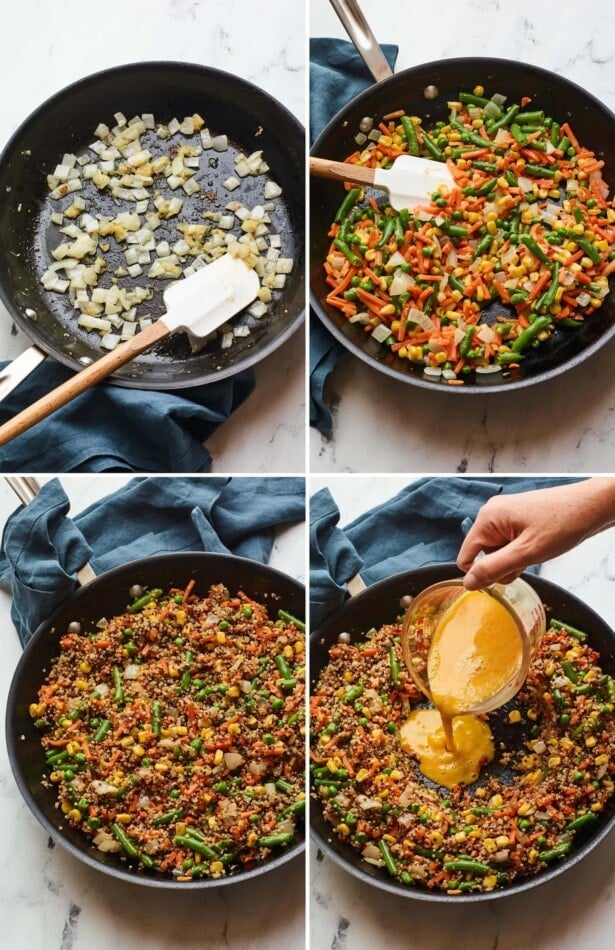 Collage of four photos showing the process on how to make quinoa fried rice: sautéing onions, adding frozen veggies, adding quinoa and then adding whisked eggs.