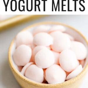 Bowl of baby yogurt melts-- frozen dots of strawberry yogurt.