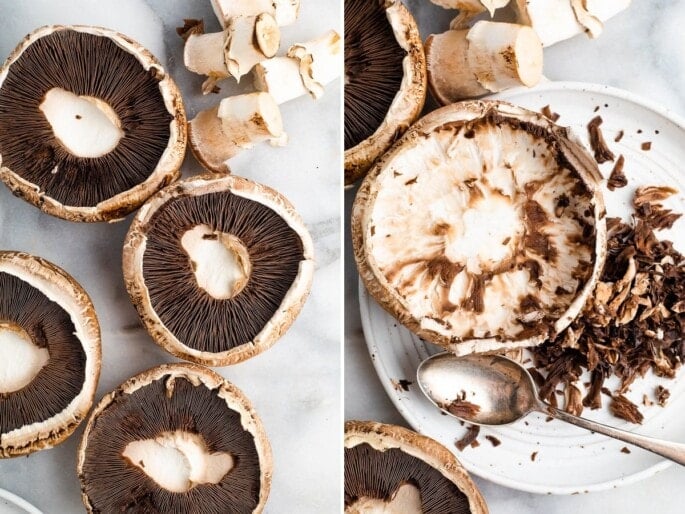 Side by side photos of portobello mushrooms caps with the stems removed and a photo of the gilled scraped out with a spoon.