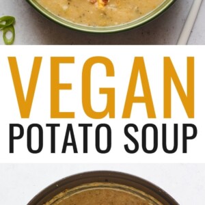 A bowl of vegan potato soup topped with vegan sour cream, vegan shredded cheese, "bacon" bits, and chopped green onions. A silver spoon rests aside the bowl. Photo below is of a pot of potato soup.
