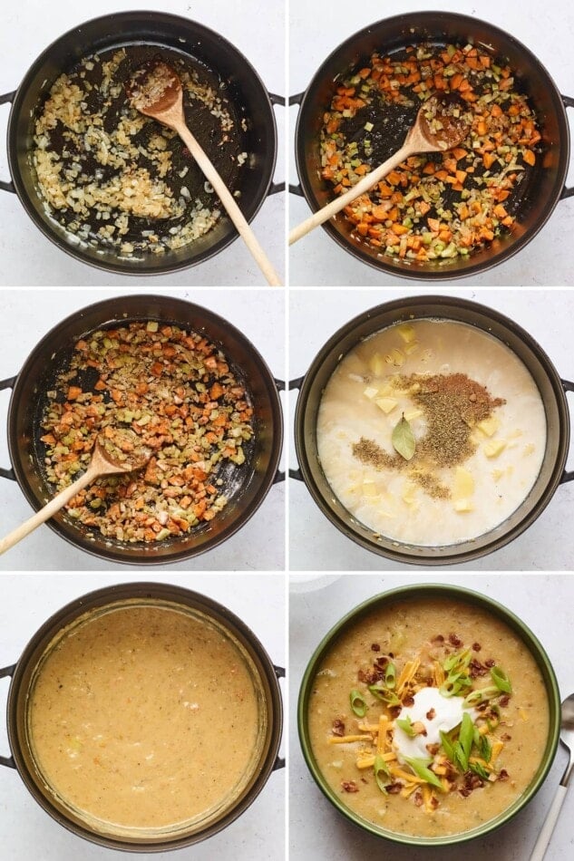 Collage of six photos showing the process on how to make vegan potato soup: sauté garlic and onion, adding celery and carrots, adding flour, adding broth, potatoes and spices. Blended soup and then the soup in a bowl topped with green onions, vegan bacon, cheese and sour cream.