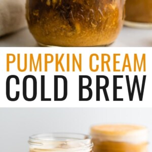 A mason jar with cold brew coffee and pumpkin cream being poured in to the top. The cream is mixing in with the cold brew. Photo below is of two mason jars of pumpkin cream cold brew.