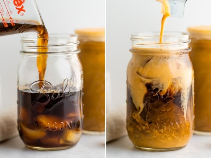 Side by side photos. The first is cold brew being poured over ice in a Mason jar. The second is someone pouring pumpkin cream into the cold brew.