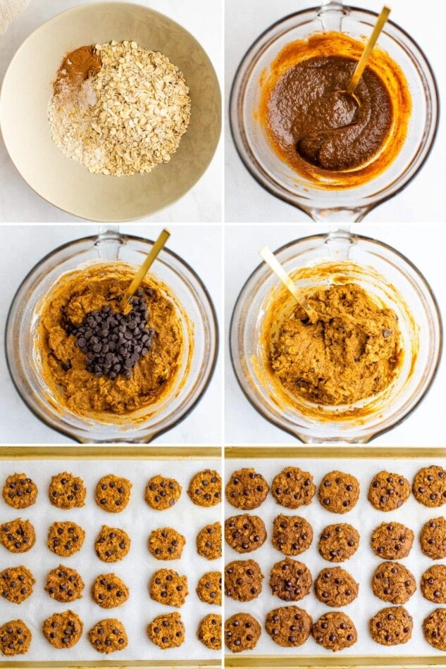 Six process photos showing how to make oatmeal pumpkin cookies: mixing the dry ingredients, the wet ingredients, mixing them together and adding chocolate chips and then baking the cookies.