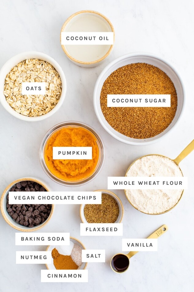 Ingredients measured out to make oatmeal pumpkin cookies: coconut oil, oats, coconut sugar, pumpkin, whole wheat flour, vegan chocolate chips, flaxseed, baking soda, nutmeg, cinnamon, salt and vanilla.