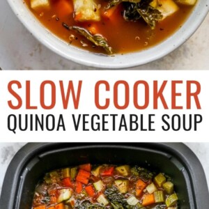 Photo of a bowl of quinoa vegetable soup and a photo of the quinoa vegetable soup in a slow cooker.