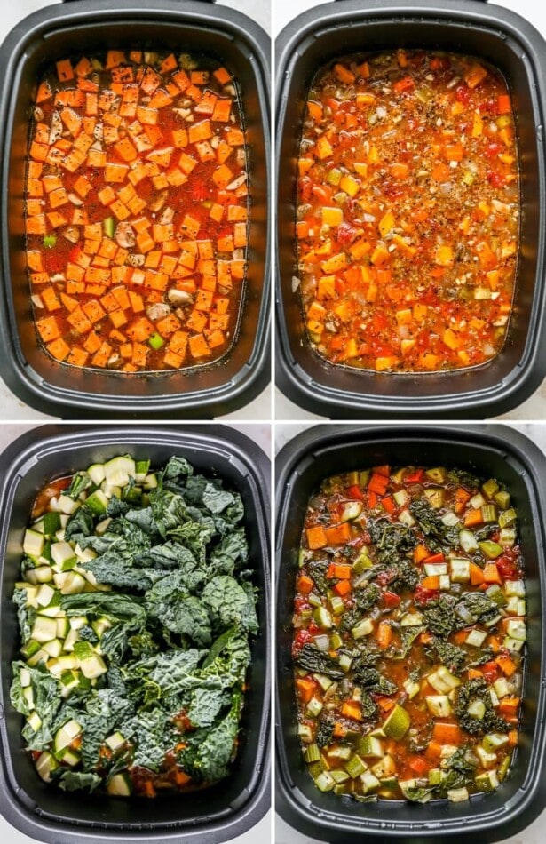 Ingredients for nourishing slow cooker vegetable soup made with quinoa and fresh veggies. Four photos of the process making quinoa vegetable soup: adding ingredients to a slow cooker, cooking, adding zucchini and kale and then cooking even more.