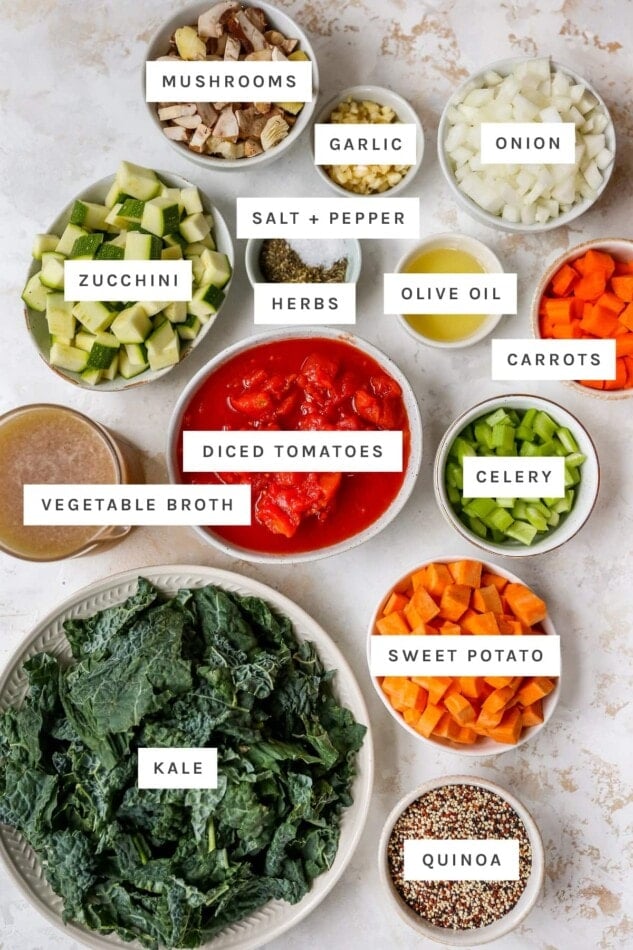Ingredients measured out to make quinoa vegetable soup: mushrooms, garlic, onion, salt, pepper, herbs, zucchini, olive oil, carrots, broth, diced tomatoes, celery, sweet potato, kale and quinoa.