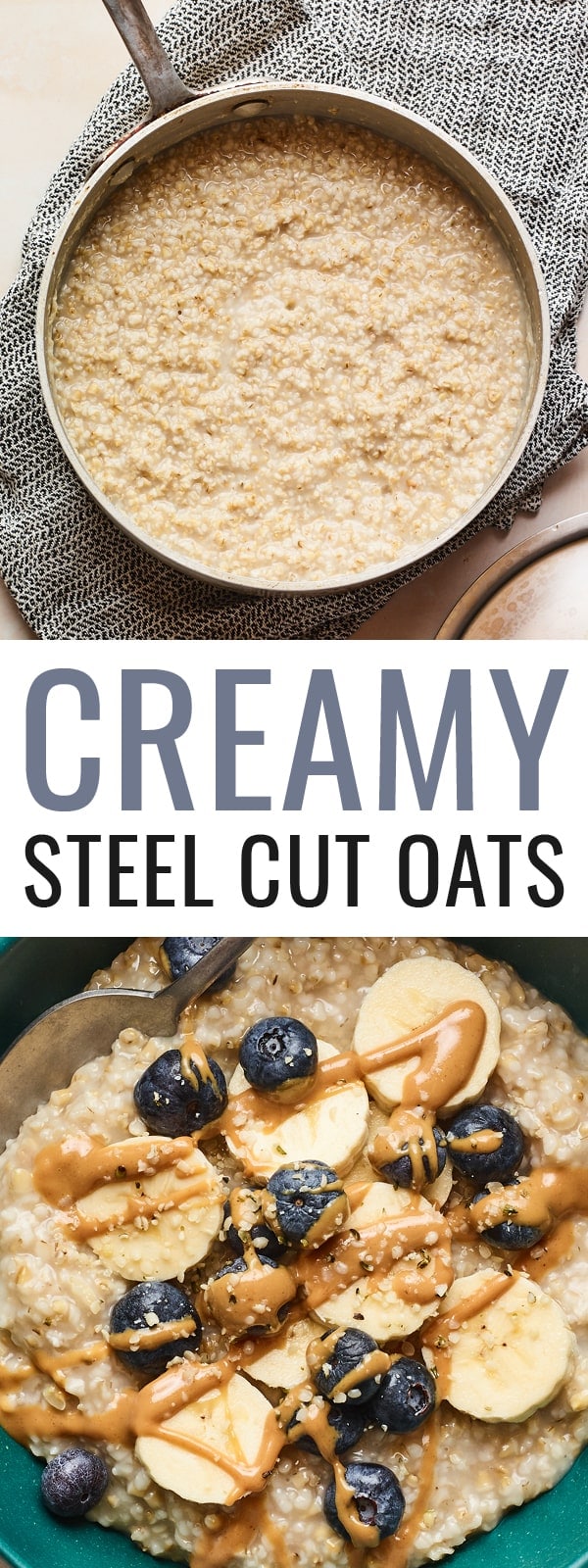 Two photos. The top is a pot of sleet cut oats. The bottom is a bowl of steel cut oats topped with blueberries, banana and peanut butter.