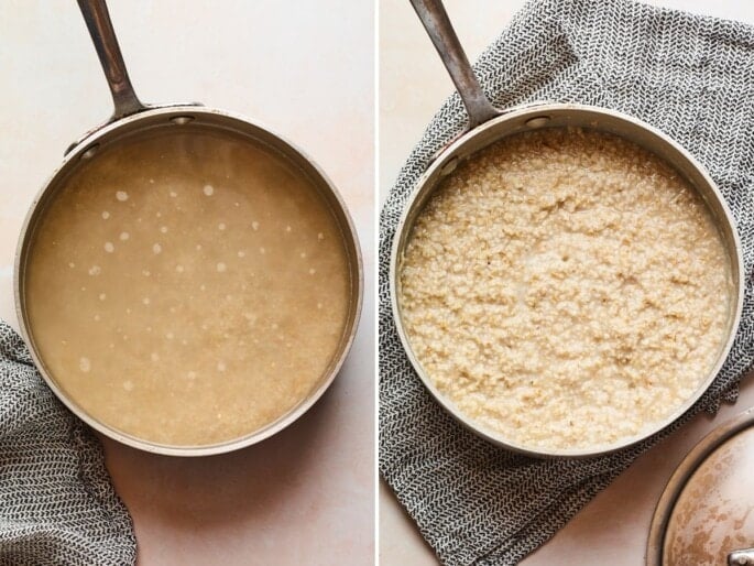 Side by side photos of a pot of steel cut oats before and after being cooked.