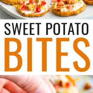 A hand is holding a small carafe of honey, drizzling the honey across a plate of sweet potato bites. Second photo below is a person's hand holing a sweet potato bite.