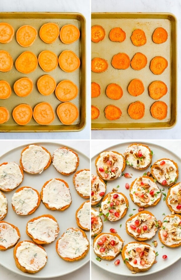 Collage of four photos. Two photos are slices of sweet potato before and after being baked. The third is a photo of ricotta spread on the sweet potato rounds. The fourth is the rounds topped with pomegranate, thyme and pecans.