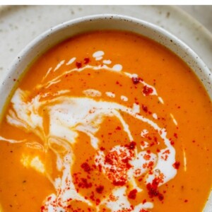 Overhead shot of a bowl of soup with a spoon resting inside the bowl.