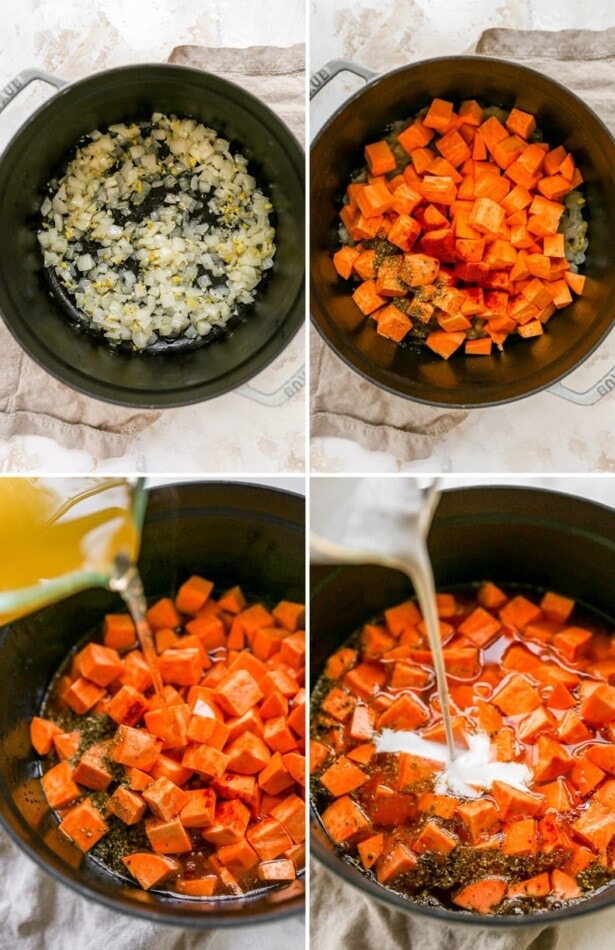 Collage of four photos showing the process of making sweet potato soup: sautéing onions, adding sweet potato cubes and spices, pouring broth into the pot and then coconut milk.