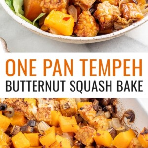 Overhead view of butternut squash tempeh bake served with brown rice and greens. Photo below is the tempeh and butternut squash bake in a casserole dish.