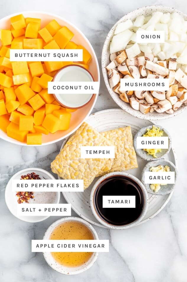 Ingredients measured out to make a tempeh butternut squash bake: butternut squash, coconut oil, onion, mushrooms, tempeh, ginger, garlic, tamari, red pepper, salt and apple cider vinegar.