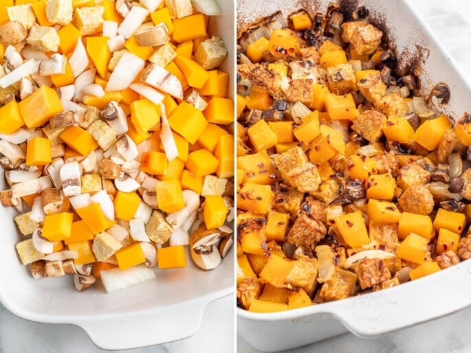 Side by side photos of a tempeh butternut squash bake before and after being baked.