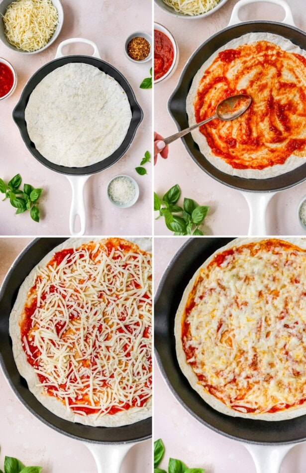 Collage of four photos showing the process of how to make tortilla pizzas: 1. plain tortilla in a pan, 2. Person spooning pizza sauce onto tortilla, 3. Sprinkled cheese on the pizza, 4. Melted cheese on the tortilla pizza.