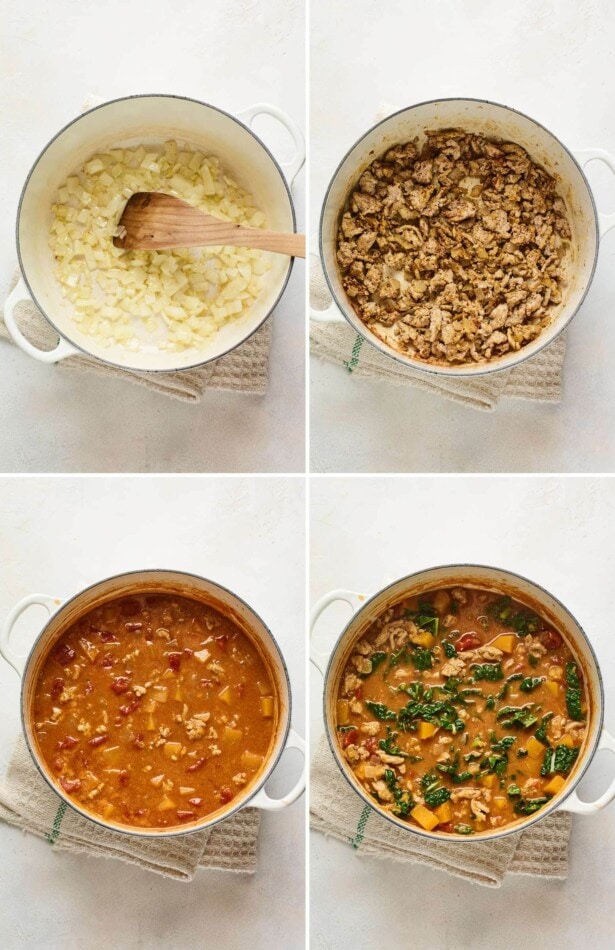 Collage of four photos showing the process of how to make butternut turkey chili: sautéing onions, adding spices and turkey, adding tomatoes and broth, adding kale.