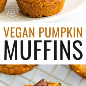 Pumpkin muffin with chocolate chips on a plate and a photo below of a pumpkin muffin sliced in half on a cooling rack, chocolate chips inside..