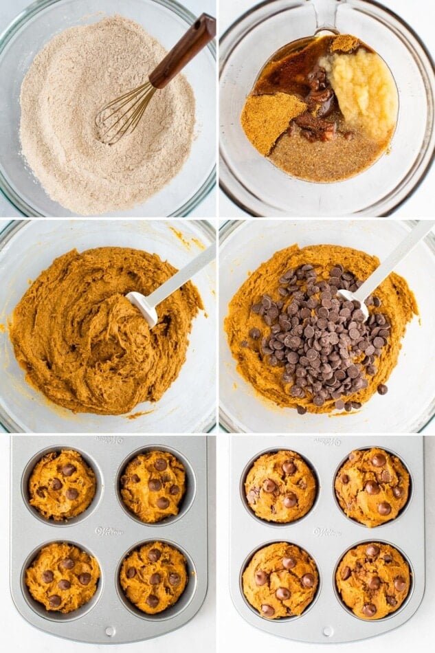 Collage of six photos showing the process of making vegan pumpkin muffins: whisking the dry ingredients, wet ingredients in a bowl, mixing wet and dry ingredients together to make batter, adding chocolate chips, adding batter to a muffin tin, baked muffins in the tin.