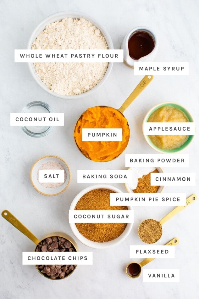 Ingredients measured out to make vegan pumpkin muffins: whole wheat pastry flour, maple syrup, coconut oil, pumpkin, applesauce, salt, baking powder, baking soda, cinnamon, pumpkin pie spice, coconut sugar, chocolate chips, flaxseed and vanilla.