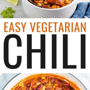 Two bowls of chili topped with avocado, lime wedge, and shredded cheese. A bunch of cilantro and some lime wedges are scattered around the bowls. Below is a photo of a pot of the vegetarian chili.