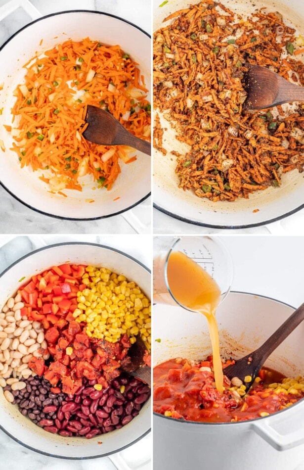 Collage showing the process on how to make vegetarian chili: sauteing veggies, adding corn and beans and broth.