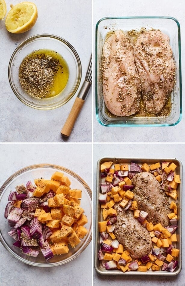 Collage of four photos: 1. Za'arar marinade in a bowl. 2. Chicken in the marinade. 3. Red onion and butternut squash cubes tossed with spices and z'atar. 4. Chicken and veggies on a sheet pan.
