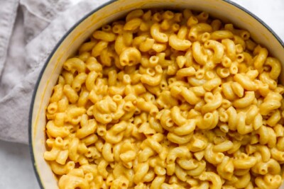 A close up of vegan mac and cheese after being mixed together.