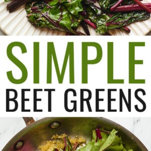 A plate of beet greens. Below is a photo of greens in a skillet.