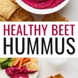 Beet Hummus in a bowl and beet hummus portioned onto plates with veggies and pita chips.