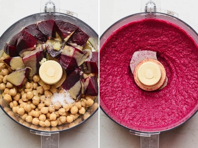 Side by side photos of beets, chickpeas, salt, garlic and tahini in a food processor next to a photo of the blended beet hummus in the food processor.