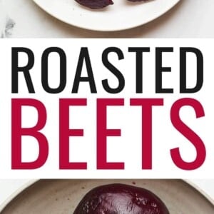 An overhead photo of a plate of quartered roasted beets. Photo below is of four whole roasted beets in a bowl.