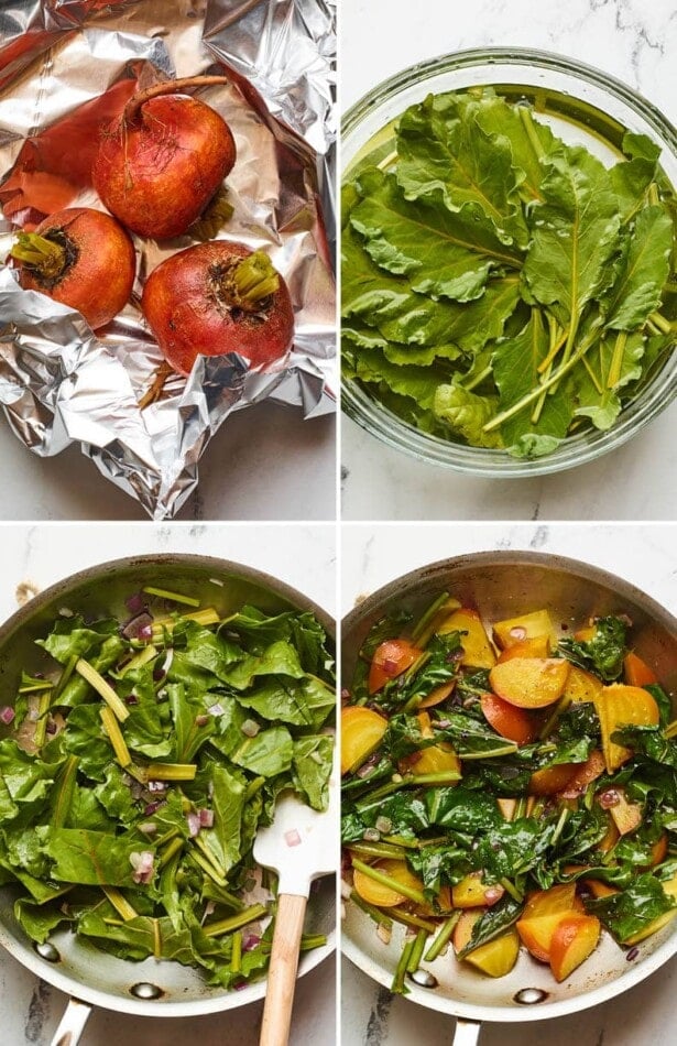 Collage of four photos: 1. golden beets in foil to be roasted, 2. beet greens in a water bath, 3. Sautéed onion and beet greens. 4. adding roasted golden beets to the mixture.
