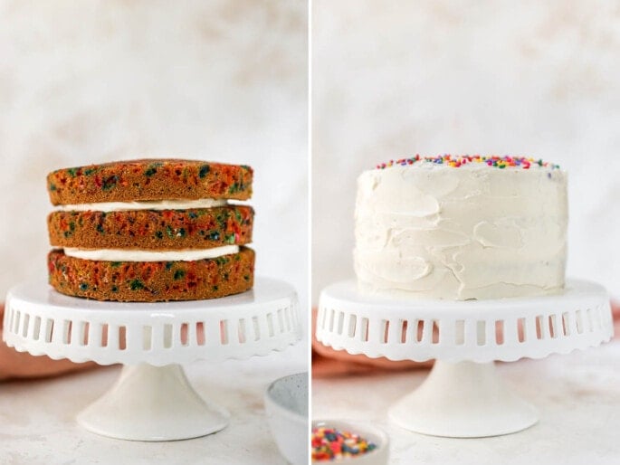 Side by side photos of a three tier birthday cake on a cake stand before and after being frosted and decorated.