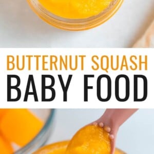 Two photos of a baby food jar with butternut squash baby food with a pink silicone spoon.