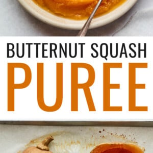 Bowl of butternut squash puree with a spoon in it. Photo below is of two roasted halves of butternut squash on a baking sheet lined with parchment paper.