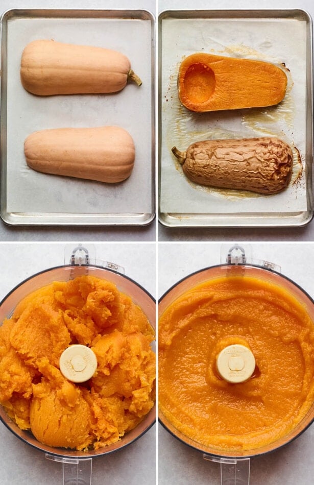 Collage for four photos. The top two are photos of a half-cut butternut squash before and after being roasted. The bottom two photos are of the butternut squash in a food processor before and after being pureed.