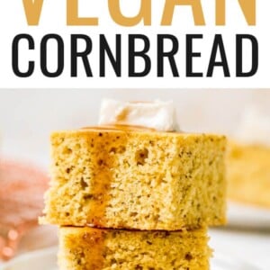 Two pieces of cornbread stacked on top of each other with a dollop of butter and a drizzle of honey. Text says "Vegan Cornbread".